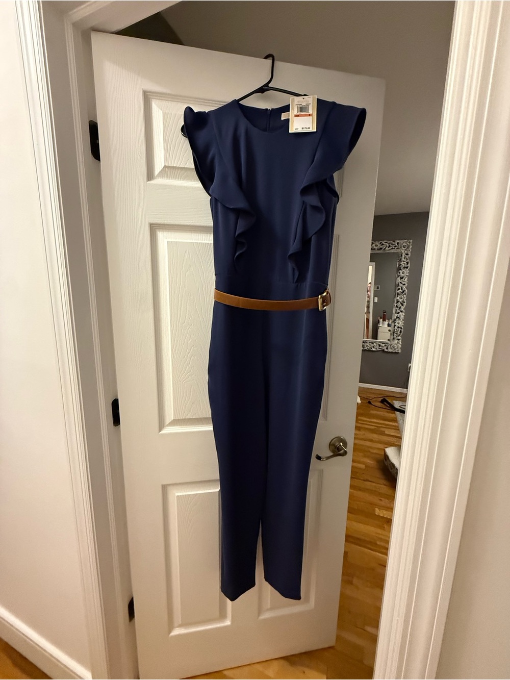 Michael Kors Navy Ruffle-Shoulder Jumpsuit with Brown Belt